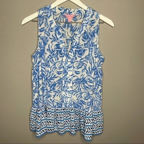 Lilly Pulitzer Gramercy Top On a Roll Peplum , Lobster Tank Blouse - Picture 1 of 5